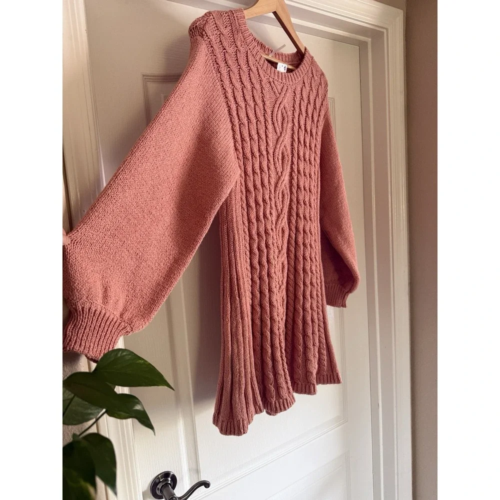 Free People Orla Cable Knit Mini Sweater Dress Pink Size L Large NWT $148
